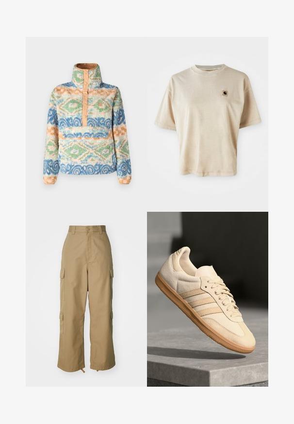 Fuzzy pullover i flerfarvede mønstre med høj hals, knaplukning foran og en lomme foran. Lavet af blødt, tekstureret stof.; Beige bomulds t-shirt med afslappet pasform, rund hals, korte ærmer og et lille firkantet logo patch på venstre brystområde.; Beige cargo bukser med høj talje, brede ben og fire store sidelommer. Fremstillet af slidstærkt stof med en glat tekstur og minimal detaljering.; Lys beige ruskinds sneakers med gummisål, tre diagonale striber og en tekstureret tætsko. Har logo på tungen og siden.