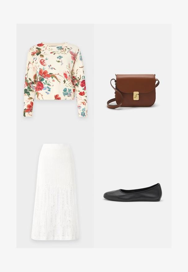 Floraler Strickpullover mit Rundhalsausschnitt, cremefarbener Grundfarbe, großen roten und blauen Blumenmustern, langen Ärmeln und geripptem Saum sowie Bündchen.; Gestreifte weiße Midi-Rock aus Strick mit einem strukturierten Muster und Ausschnitten am Saum. Elastischer Bund. Weiches Material.; Schwarze Leder-Ballettschuhe mit abgerundeter Spitze, glatter Textur, minimalen Nähdetails und einem flexiblen Sohlen-Design.; Braune Ledertasche mit Klappenverschluss, Beschlägen in Goldfarbe, einem Schultergurt und einer glatten Oberfläche. Kompakte rechteckige Form.