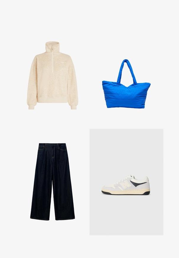 Béžový mäkký fleece pulóver s vysokým golierom, polovičným zipsom, rebrovanými manžetami a jemným leopardím vzorom, s nápisom O'Neill na hrudi.; Tmavé denimové nohavice so širokými nohavicami a prešívaním vpredu, dizajnom s piatimi vreckami a kontrastným šitím. Materiál sa zdá byť hladký s pevnou textúrou.; Športové tenisky v bielej, sivej a čiernej farbe. Obsahujú nubukové a textilné materiály, perforovaný špičky a logo na boku. Gumená podrážka.; Modrá prešívaná taška s tvarom písmena V na vrchu, dvoma pevným uchami a textúrovaným povrchom. Obsahuje šité línie pre zvýšenú pevnosť.