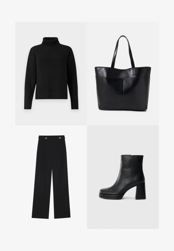 Camisola de gola alta preta feita de um tecido de malha macia. Apresenta uma bainha canelada, mangas longas e um ajuste descontraído. Design simples e versátil.; Calças largas pretas com cintura alta, detalhes em botão na cintura e pregas frontais.; Bota de couro preta até ao tornozelo com salto bloco e sola com plataforma, vista de lado sobre um fundo branco liso.; Bolsa tote preta em couro com duas alças longas, textura suave e forma estruturada. Apresenta um bolso frontal para armazenamento adicional.
