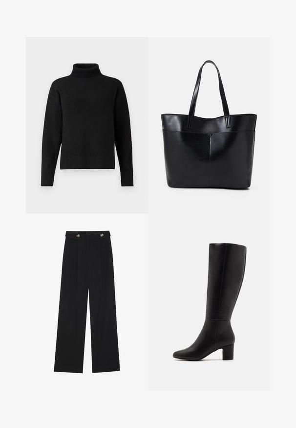 Melnā augstās apkakles džemperis, izgatavots no mīksta adīta auduma. Tam ir ribots apakšmalu, garas piedurknes un brīva piegriezuma forma. Vienkāršs un daudzfunkcionāls dizains.; Melnas platās bikses ar augstu jostasvietu, pogu detaļām uz jostas un priekšējām krokām.; Anna Field Zābaki - black; Melnas ādas iepirkumu soma ar divām garām rokturām, gludu tekstūru un strukturētu formu. Iekļauj priekšējo kabatu papildu uzglabāšanai.