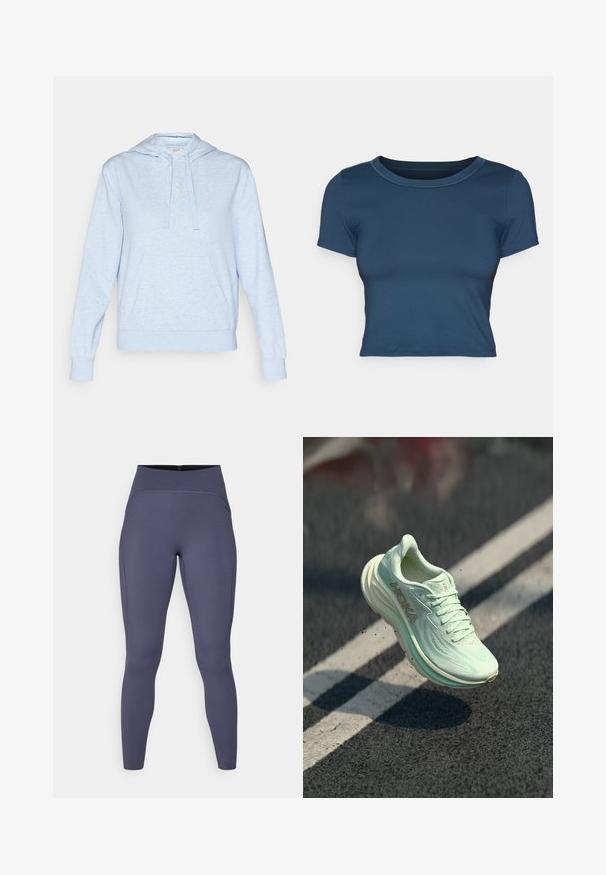 Světle modrá mikina s kapucí z měkkého materiálu, s klokaní kapsou, stahovací kapucí a vyšívaným logem na hrudi.; Námořnická modrá krátká tričko vyrobené z hladkého, pružného materiálu. Obsahuje kulatý výstřih a krátké rukávy s jednoduchými švy.; Legíny s vysokým pasem v jednolité tmavě šedé barvě. Vyrobené z elastického materiálu s plochými švy a přiléhavým, zúženým střihem nohavic.; Běžecká obuv HOKA v světle mátově zelené barvě, s texturovaným síťovaným svrškem, kulatou špičkou, polstrovanou podrážkou a výrazným logem na boku.
