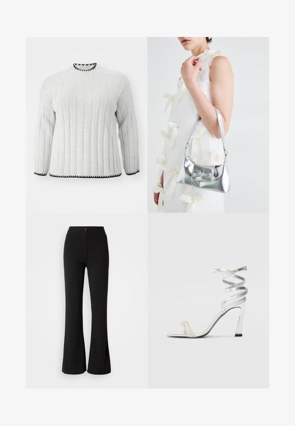 Sweater canelado cinza claro com mangas longas, apresentando um contorno preto no decote alto e na bainha. Textura suave e design casual.; Calças pretas com flare, feitas de tecido elástico, com uma cintura alta ajustada e um detalhe de fecho éclair na frente. Textura lisa sem padrões.; Sandalha de salto alto prateada com um design de tira brilhante, apresentando um detalhe semelhante a uma pérola e uma tira de tornozelo espiralada para um ajuste seguro.; Bolsa metálica prateada com uma forma estruturada, apresentando uma alça superior e um detalhe de laço na frente. Textura suave, acabamento reflexivo.