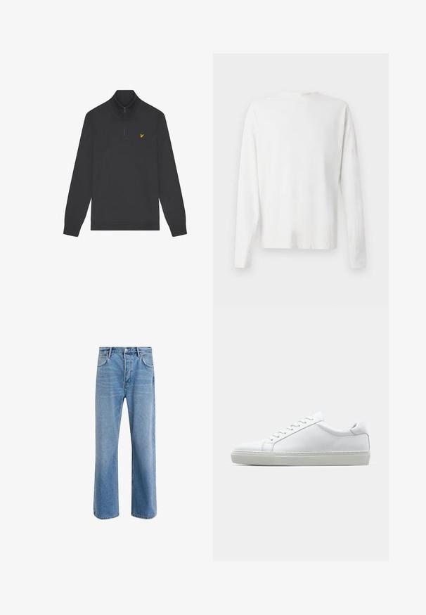Čierna zipsová mikina vyrobená z mäkkej tkaniny má stojatý golier a rebrované manžety. Malé žlté logo na ľavej strane hrude. Celkový hladký povrch.; Biela bavlnená košeľa s dlhými rukávmi a okrúhlym výstrihom, s bočnými rozparkami na spodku a hladkou textúrou, zobrazená zozadu.; Svetlo modré denimové džínsy so strihom rovného nohu, päť vreciek, zapínanie na gombík, minimálne vyblednutie a kontrastné švy.; Biele tenisky s hladkým koženým zvrškom a nízkym profilom. Majú zaoblenú špičku, šesť očiek a štruktúrovanú gumovú podrážku.