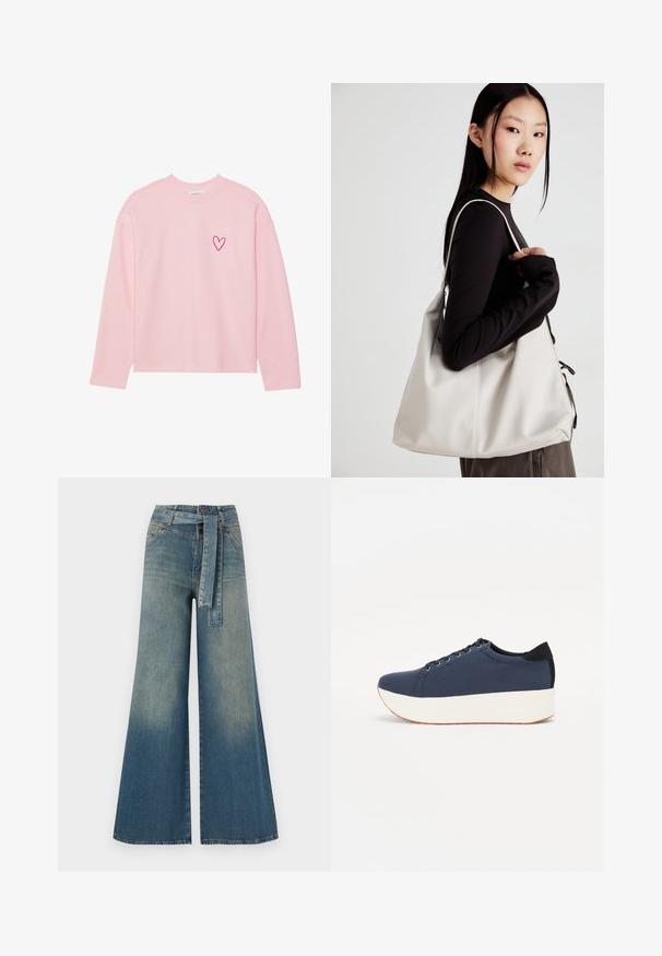 Jasnoróżowa długorękawowa bluza wykonana z miękkiego materiału. Posiada małe haftowane serce na lewej piersi. Żebrowany dekolt i mankiety.; Szerokie spodnie dżinsowe z gradientem od jasnoniebieskiego do ciemnoniebieskiego, wysokim stanem, szlufkami na pasek oraz pasującym paskiem z tkaniny. Teksturowany wykończenie dżinsu.; Granatowe trampki z teksturowanej tkaniny, biała platforma, okrągły nosek i czarny akcent na pięcie. Posiadają sześć oczek na sznurówki.; Beżowa torebka wykonana z miękkiego materiału, charakteryzująca się luźnym fasonem, wyszywanymi detalami i dwoma uchwytami na ramię. Idealna na co dzień.