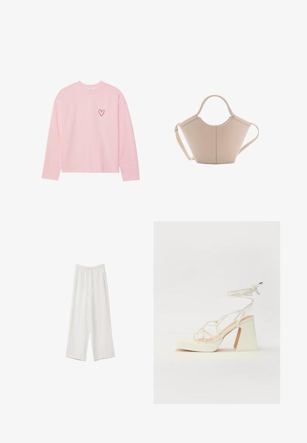 Svijetloružičasti dukserica dugih rukava izrađena od mekane tkanine. Ima mali izvezeni srcu na lijevoj strani grudi. Rebrasti izrez i manžeti.; Bijele hlače širokih nogavica napravljene od lagane tkanine. Imaju elastičan pojas s ušicom i bočne džepove. Glatka tekstura.; Bijela sandala na visokoj potpetici s debelim petom, s remenom i vezanjem oko gležnja. Glatka tekstura s platformom sprijeda za dodatnu visinu.; Bež kožna torba jedinstvenog oblika, s dva kratka ručka i dugom podesivom trakom. Glatka tekstura s minimalnim metalnim dodacima.