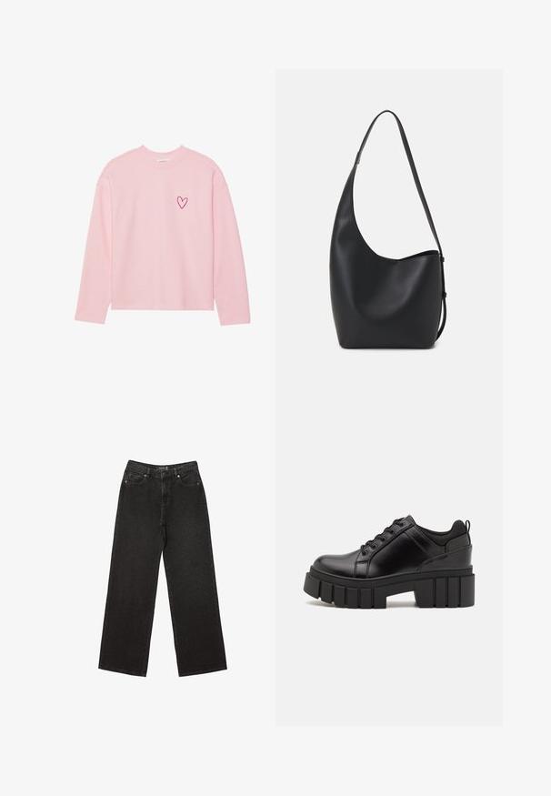 Vaaleanpunainen pitkähihaisella sweatshirteillä, joka on valmistettu pehmeästä kankaasta. Siinä on pieni brodeerattu sydän vasemmalla rintapielellä. Ribbireunukset kauluksessa ja hihoissa.; Mustat leveät farkut, jotka on valmistettu denimestä ja joissa on pieniä pistekuvioita, perinteinen viisi-taskuinen muotoilu sekä nappi- ja vetskarihyttys.; Mustat nahkakengät, joissa on lättihenkinen korko, pyöreä kärki ja perinteinen nauhakiinnitys. Ominaisuuksiin kuuluu sileä pintakuvio ja minimaalinen yksityiskohtaisuus.; Musta nahkainen hobo-laukku, jossa on sileä pinta, kaareva muoto ja yksi säädettävä olkahihna; sisäänkäynti on leveä ylhäältä.