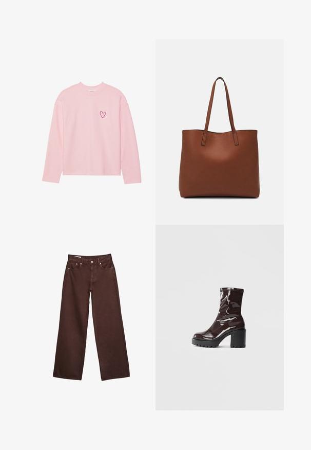 Svetlo roza dolg rokav pulover iz mehkega materiala. Ima majhen vezen srček na levem prsnem delu. Džerski ovratnik in manšete.; Brahke visoki pas široki traper hlače s sprednjim gumbom, zadrgo, zankami za pas in petimi žepi.; Sijajan škrlatank z bleščečim videzom, z masivnim črnim peto, ki se ponaša z gladko teksturo in preprostim dizajnom. Brez vidnih zapenjal ali vzorcev.; Rjava usnjena torba z gladko teksturo, odprto zasnovo zgoraj in dvema naramnima trakovoma. Opremljena je z minimalnim šivanjem in brez vidnih kovinskih delov.