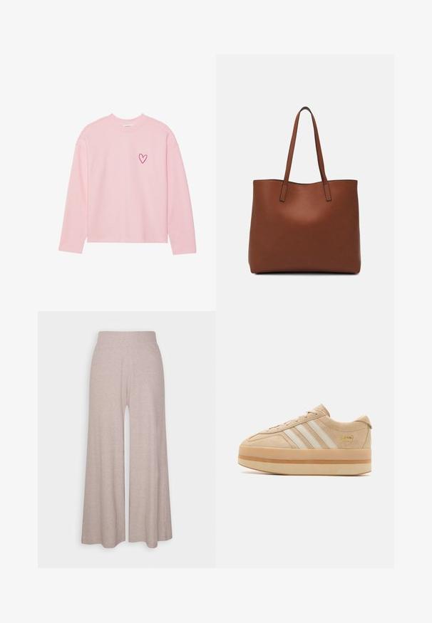 Light pink long-sleeve sweatshirt made from soft fabric. Features a small embroidered heart on the left chest. Ribbed neckline and cuffs.; Light grey wide-leg trousers made of soft, ribbed fabric, featuring a high waistband and full-length legs with subtle texture.; Beige suede platform sneakers with white three stripes, round toe, and beige rubber sole featuring a gold logo accent on the side.; Brown leather tote bag with a smooth texture, open top design, and two shoulder straps. Features minimal stitching and no visible hardware.