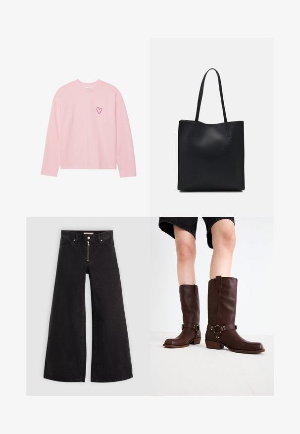 Light pink long-sleeve sweatshirt made from soft fabric. Features a small embroidered heart on the left chest. Ribbed neckline and cuffs.; Wide-leg jeans in black denim with a zippered front, five-pocket design, and subtle stitching details. Smooth texture and casual style.; Brown leather knee-high boots with a rounded toe, textured surface, ankle strap, and silver hardware detail; stacked heel.; Black leather tote bag with smooth texture, rectangular shape, and two long handles. No visible hardware or embellishments.