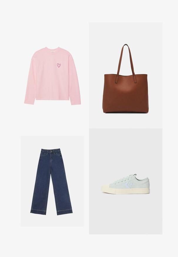 Light pink long-sleeve sweatshirt made from soft fabric. Features a small embroidered heart on the left chest. Ribbed neckline and cuffs.; Wide-leg jeans in dark blue denim. Features five pockets, belt loops, and a raw hem at the bottom with visible stitching details.; Light mint green canvas sneakers with a rubber toe cap, white star logo, and cream-colored rubber sole. Features classic lace-up design.; Brown leather tote bag with a smooth texture, open top design, and two shoulder straps. Features minimal stitching and no visible hardware.