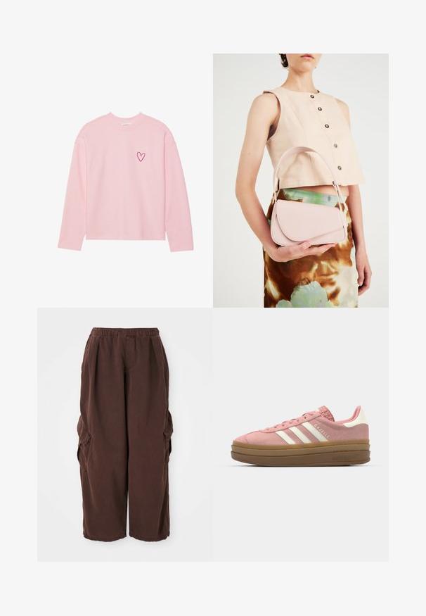 Gaiši rozā garām piedurknēm kreklā, kas izgatavots no mīkstas auduma. Iezīmēts ar mazu izšūtu sirdi kreisajā krūtīs. Ribota apkakle un piedurknes.; Brūnas, plata leņķa kravas bikses ar elastīgu jostasvietu, ar sānu kabatām. Izgatavotas no teksturēta auduma, paredzētas ērtībai un funkcionalitātei.; adidas Originals GAZELLE BOLD - Sporta apavi - mauve/off white; Rozā ādas rokassoma ar izliekto vāku, vienu plecu siksnu un vienkāršām līnijām. Soma izceļas ar gludu tekstūru un minimālistisku dizainu.