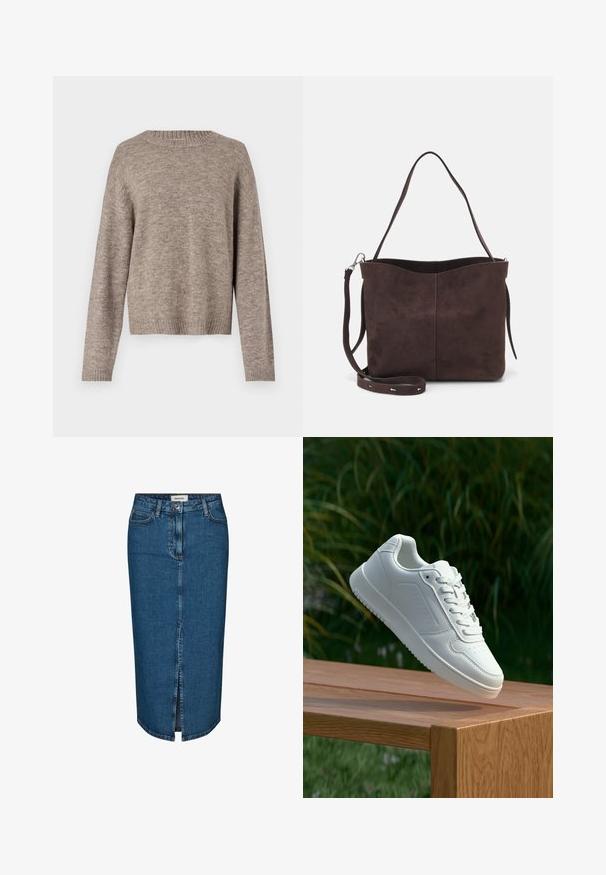 Light brown sweater, soft knit material, round neckline, long sleeves, ribbed cuffs and hem, relaxed fit, subtle texture detailing.; Denim pencil skirt in dark blue, featuring a front slit, five pockets, and contrasting stitching. Mid-rise waist with a classic design.; White sneaker with a smooth synthetic upper, perforated toe box, flat laces, and a textured sole, displayed on a wooden surface.; Brown suede tote bag with a soft texture, featuring a single shoulder strap and a subtle curved top opening. No visible hardware details.