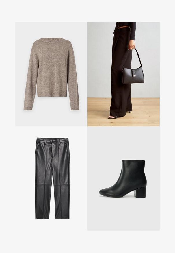 Pulover de culoare maro deschis, material tricotat moale, gât rotund, mâneci lungi, manșete și tiv cu model canalat, croială lejeră, detalii de textură subtile.; Pantaloni din piele neagră cu o textură netedă, având o croială dreaptă, două buzunare frontale și detalii vizibile ale cusăturilor.; Cizme negre din piele până la gleznă, cu vârf ascuțit și toc robust. Textură netedă, cu accente minime și un design elegant, ajustat.; Genți negre cu o formă structurată, textură netedă și un închizător metalic. Asortată cu pantaloni negri largi și sandale cu vârf deschis pe un podea din lemn.