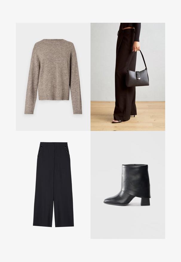 Helepruun sall, pehmeast kudumist materjalist, ümara kaelusega, pikad varrukad, soonikserv ja alumine äär, mugav istuvus, peened tekstuuridetailid.; Laiad püksid tumesinises kangas, millel on sile tekstuur, ees pleedid ja dekoratiivsed kuldset värvi järgipuuaugud küljetaskutel.; Mustad nahast pahkluuring, millel on terav varvas, sile tekstuur ja struktureeritud plokknakk. Omab kõrget, volditud suud.; Must musta kott, millel on struktureeritud kuju, sile tekstuur ja metallist klamber. Kombineeritud laiate mustade pükstega ja avatud varvaste sandaalidega puidust põrandal.