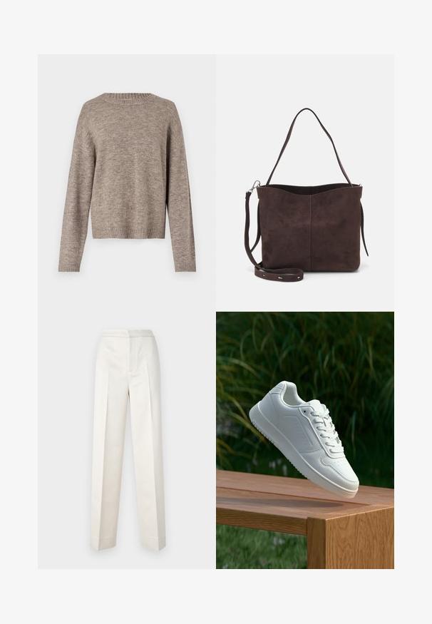 Pull marron clair, matière en tricot doux, col rond, manches longues, poignets et ourlet côtelés, coupe décontractée, détails de texture subtils.; Pantalon couleur crème avec une coupe cintrée, présentant une jambe droite, un tissu lisse, des plis à l'avant et un ourlet propre. Design minimaliste.; Sneakers blanches avec une tige synthétique lisse, un avant perforé, des lacets plats et une semelle texturée, présentées sur une surface en bois.; Sac fourre-tout en suède brun avec une texture douce, présentant une seule bandoulière et une ouverture supérieure légèrement courbée. Aucun détail de matériel visible.