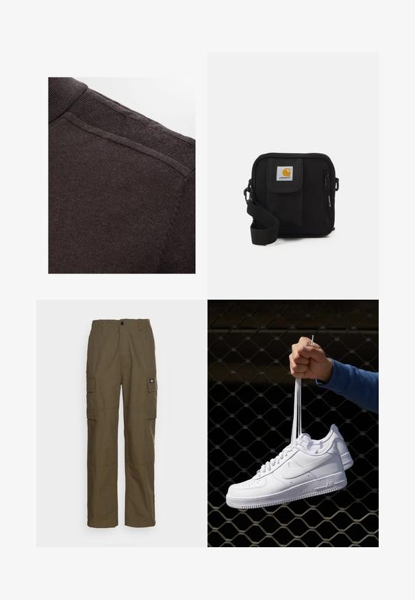 Selected Homme SLHBERG HALF ZIP - Stickad tröja - chocolate torte; Vit kortärmad t-shirt i bomull, med rund halsringning och en mjuk yta, rak passform och utan mönster.; Cargo-byxor i olivgrönt, tillverkade av slitstarkt tyg. Har två sidofickor, en standardmidja och en rak bendesign.; Vita lädersneakers med perforeringar, rund tå, platt sula och tjocka snörning, med en synlig swoosh-logga och "AIR" på hälen.; Svart korsväska med ett blixtlåstaget huvudfack, framsida ficka, justerbar rem och en synlig logotyp på klaffen.