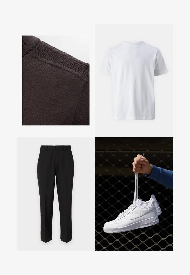 Selected Homme SLHBERG HALF ZIP - Pulover - chocolate torte; Tricou alb cu mânecă scurtă, confecționat din bumbac, cu decolteu în formă de cerc și o textură netedă, cu croială dreaptă și fără modele.; Pantaloni negri dintr-un material neted, cu un design drept, buzunare frontale, închidere cu un singur nasture și fără modele vizibile.; Adidași albaștri din piele cu perforații, vârf rotund, talpă plată și șireturi groase, cu un logo swoosh vizibil și cu inscripția "AIR" pe toc.