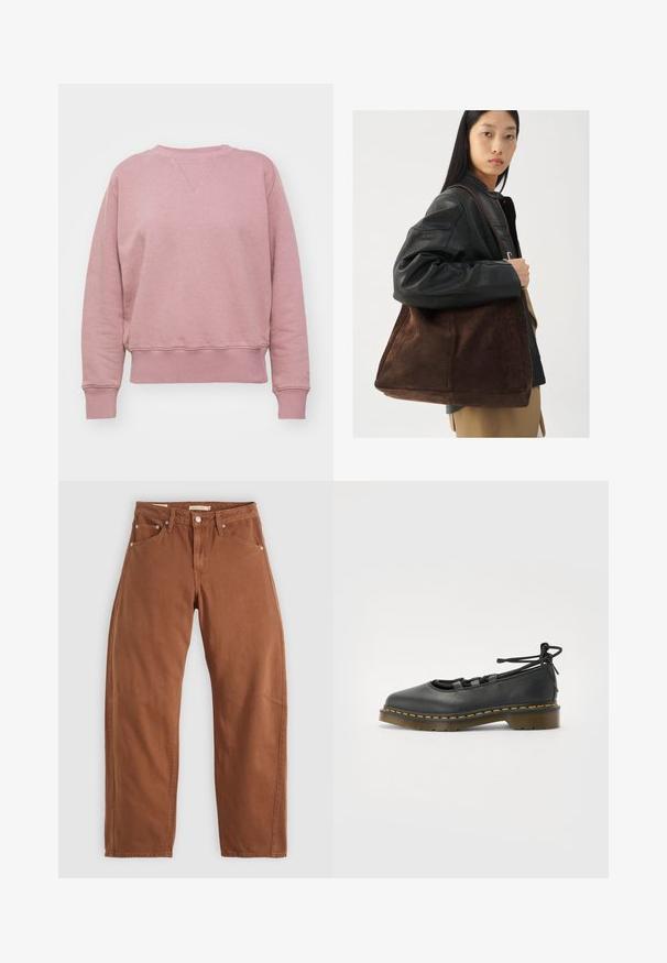 Růžová bavlněná mikina se širokým výstřihem, žebrovanými manžetami a lemem, s jemnou texturou a strukturovaným střihem.; Hnědé rovné džíny barvy rezavé s předními a zadními kapsami, kovovými nýty, zapínáním na knoflík a poutky na opasek, ležící rozložené na bílé pozadí.; Černá kožená bota s kulatou špičkou, nízkým podpatkem, šněrováním a žlutým prošíváním po okraji podrážky. Hladký povrch s matným vzhledem.; Hnědá semišová taška přes rameno s širokým tvarem a měkkou texturou, s jedním popruhem a minimálním kovovým doplňkem na neutrálním pozadí.