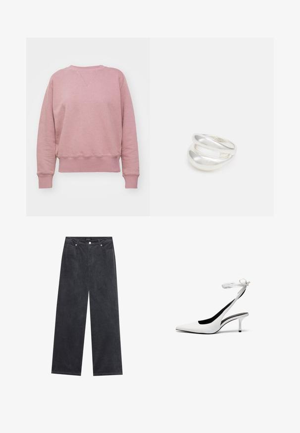 Felpa di cotone rosa con collo a giro, polsini e orlo a coste, caratterizzata da una sottile texture e una vestibilità strutturata.; Pantaloni a gamba larga in corduroy grigio scuro, con chiusura a bottone, quattro tasche e una finitura morbida e testurizzata.; Tacchi slingback bianchi a punta con cinturino sottile alla caviglia. Materiale in pelle liscia, tacco stiletto sottile e rivestimento interno nero.; Anello doppio in argento con superficie liscia e lucida. Presenta un design fluido e curvo con sezioni sovrapposte per un aspetto moderno.