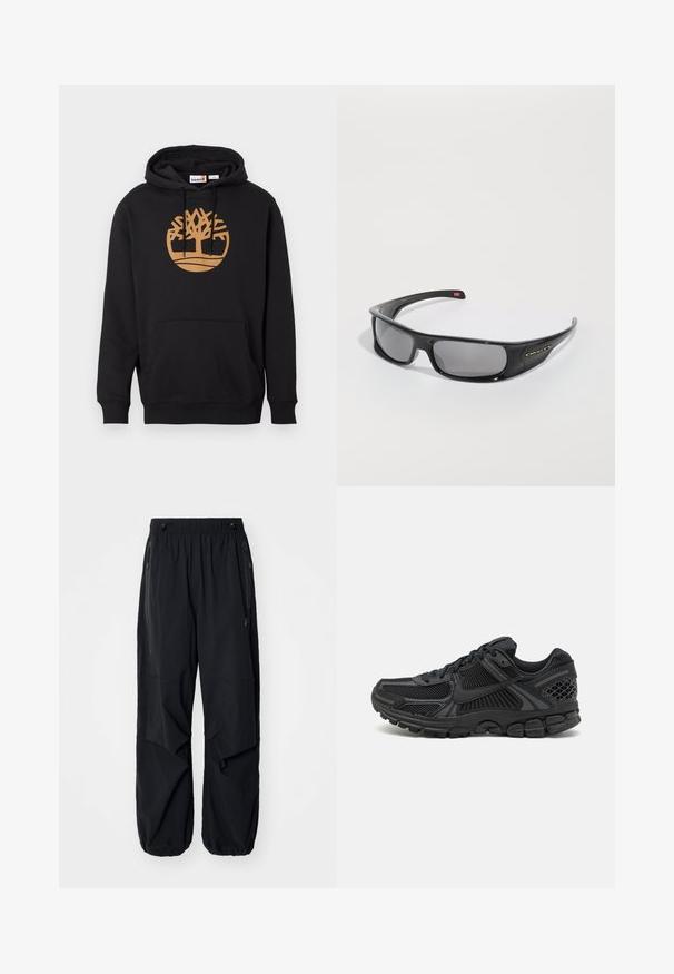 Black hoodie made of cotton, featuring a large brown tree logo on the front, a front pocket, and drawstring hood. Smooth texture.; Black lightweight cargo pants with an elastic waistband, side zippers, and spacious pockets. Features a loose fit and tapered cuffs.; Black athletic shoe featuring mesh upper, rubber sole, and textured accents. Design includes pronounced lacing system and cushioned sole.; Black Oakley wraparound sunglasses with dark rectangular lenses and curved arms on a plain white background.
