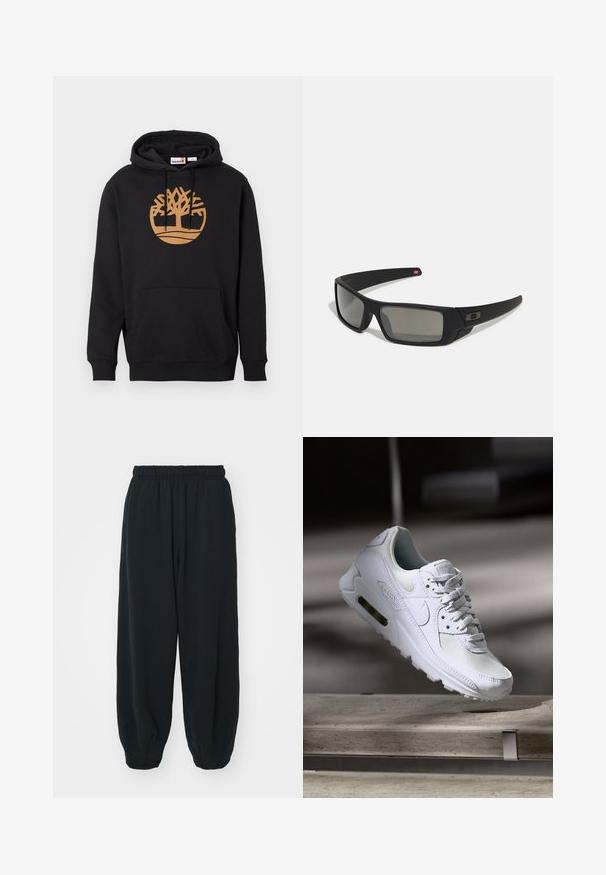 Moleton preto em algodão, com um grande logo de árvore castanha na parte da frente, um bolso frontal e capuz com cordão. Textura suave.; Calças de fato de treino pretas, com cintura elástica e um corte solto, com punhos nas pernas, textura suave e sem padrões visíveis ou detalhes de metal.; Sapatilha Nike Air Max 90 branca com parte superior em malha e couro, caixa de dedos perfurada e uma unidade de ar visível no calcanhar.; Óculos de sol pretos com acabamento mate, lentes retangulares, leve curvatura nas hastes, detalhe sutil do logo e lentes de cor fumada.