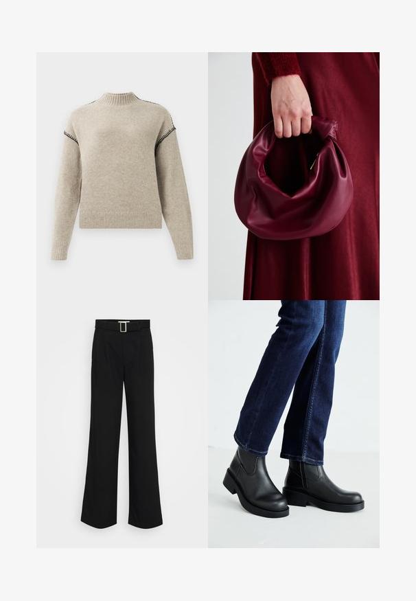 Bežna pletena jopica z ribanim ovratnikom, manšetami in robom, ki ima črne šivane detajle na ramenih in zgornjih rokavih.; Črne široke hlače iz lahkega materiala, ki se ponašajo z gladko teksturo, sprednjimi gubami in pasom s kvadratno kovinsko zaponko.; Črne usnjene gležnjarje z debelim podplatom in stranskimi elastičnimi paneli, v kombinaciji s temno modrimi kavbojkami. Tla so svetle barve.; Bordo usnjeni ročni torbici s mehak, nabrana zasnova in okrogla oblika. Ročaj je varen in prikazuje gladko teksturo.