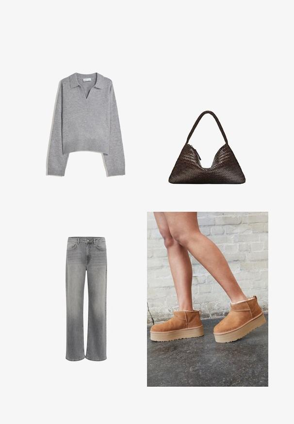 Hellgrauer, gestrickter Langarmpullover mit ribbeltem Saum und Bündchen, V-Ausschnitt und lässiger Passform.; Weißes T-Shirt mit kurzen Ärmeln aus Baumwolle. Hat einen Rundhalsausschnitt und eine lockere Passform. Glatte Textur ohne sichtbare Muster oder Akzente.; Weite Jeans aus grauem Denim mit hoher Taille, fünf Taschen, einem vorderen Knopfverschluss und dezentem Verblassen des Materials.; Braune Wildleder-Stiefeletten mit einem weichen Futter, dicker beige Plateau-Sohle und einer Zuglasche auf der Rückseite. Strukturiert Oberfläche mit sichtbaren Nähdetails.; Dunkelbraune, dreieckige, gewebte Lederhandtasche mit einem einzelnen geflochtenen Griff und sichtbarem Reißverschluss an einer Seite.; Set aus acht silbernen Ringen, verschiedene Designs, darunter glatte, strukturierte und einer mit kleinen Perlen. Merkmale sind Kurven und Akzente.
