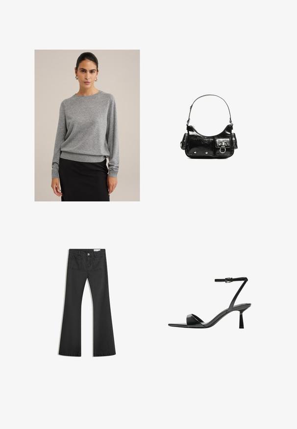 Szürke pulóver, puha kötött anyagból készült, kerek nyakkivágással, bordás mandzsettákkal és laza szabással. Fekete szoknyával párosítva.; Fekete, sima textúrájú farmer flare nadrág, két hátsó zsebbel és gombos derékkal.; Bershka Magas sarkú szandálok - black; Fekete lakkbőr kézitáska ívelt formával, egy vállpánttal, elülső zsebekkel és ezüstszínű fémrészletekkel.