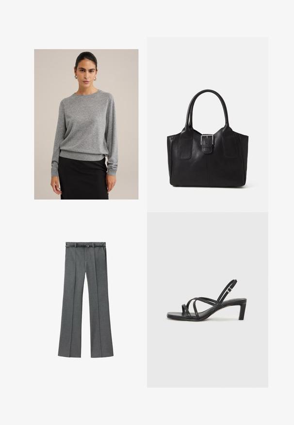 Siv sveter iz mehkega pletenega materiala, ki ima okroglo ovratnico, rebraste manšete in sproščen kroj. Ukladan z črno krilom.; Sive prirejene hlače z ravno nogavico, lahkotna tkanina, zanke za pas ter ozkim pasom z zmanjšanim srebrom.; Črne natikače s trakovi in kvadratnim prstom ter nizkim blokastim peto. Imajo več tankih trakov in nastavljiv trak okoli gležnja. Narejene so iz gladkega usnja.; Črna usnjena torba s gladko teksturo, strukturirano obliko, dvema ročkama in izrazitim srebrnim sponko na sprednji strani.