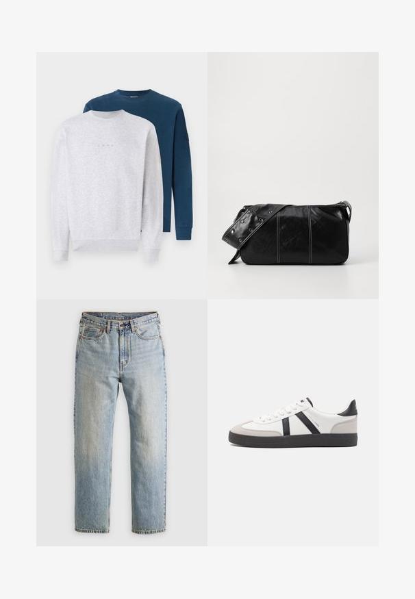 Twee sweaters gestapeld: één in lichtgrijs met een subtiel logo, de andere in donkerblauw. Beide hebben een ronde hals en ribafwerkingen aan de mouwen.; Lichtblauwe denim jeans met hoge taille, frontknop, rits en vijfzakkenontwerp, plat gelegd op een neutrale achtergrond.; Witte sneaker met zwarte en grijze accenten, voorzien van een grijze neus met textuur, zwarte rubberen zool en platte witte veters. Schoon ontwerp, minimalistische stijl.; Zwarte leren schoudertas met een ritsluiting, voorzien van een gestructureerd lichaam, witte stiksels en een band met zilveren oogjes.