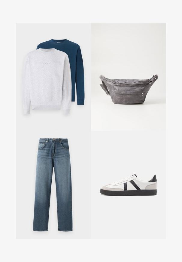 Două hanorace stivuite: unul în gri deschis cu un logo subtil, celălalt în albastru închis. Ambele au guler rotund și manșete ribbate.; Jeans din denim albastru cu picioare drepte și umplutură decolorată, având un design cu cinci buzunare, nasture metalic și bucle pentru curea. Material structurat, de greutate medie.; Sneaker alb cu accente negre și gri, având un capac de vârf gri texturat, talpă din cauciuc negru și șireturi plate albe. Design elegant, stil minimalist.; Borseta gri din suede, cu o formă rotunjită, două compartimente cu fermoar și curea ajustabilă. Are accente din metal.