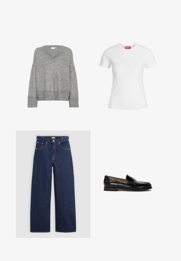 Gray knit sweater with a V-neck, oversized fit, wide sleeves, and ribbed cuffs. Soft texture; seamless design without patterns or embellishments.; White cotton t-shirt with short sleeves and a round neckline. Features a pink label on the inner neck. Smooth texture.; Dark blue denim wide-leg jeans with a high waist, featuring five pockets, belt loops, and copper stitching details. Smooth texture.; Black leather loafer with a rounded toe, slip-on design, and subtle stitching details along the upper. Flat rubber sole.