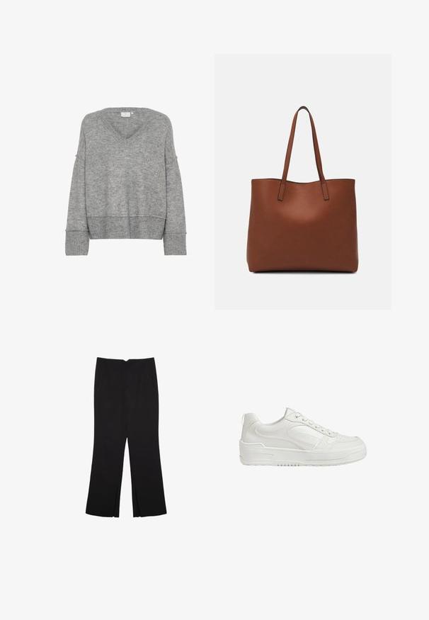 Grau gestrickter Pullover mit V-Ausschnitt, übergroßer Passform, breiten Ärmeln und gerippten Abschlüssen. Weiche Textur; nahtloses Design ohne Muster oder Verzierungen.; Schwarze Hose mit geradem Schnitt, ausgestattet mit Fronttaschen und Seitenschlitzen am Saum. Hergestellt aus weichem, glattem Stoff. Geeignet für verschiedene Anlässe.; Weiße Leder-Sneaker mit glatter Textur, gepolstertem Knöchel und durchlöchertem Zehenbereich. Verfügt über eine leicht erhobene Gummisohle und Schnürdesign.; Braune Leder-Tote mit glatter Textur, offenem Oberteil und zwei Schulterriemen. Verfügt über minimale Nähte und keine sichtbaren Beschläge.