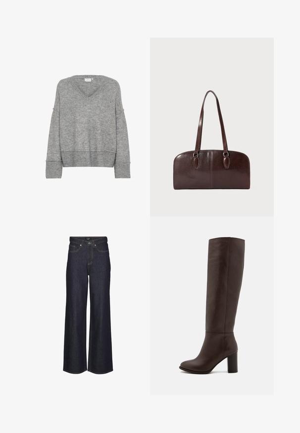 Šedý pletený svetr s výstřihem do V, oversized střih, široké rukávy a jednoduché manžety. Měkká textura; bezešvý design bez vzorů nebo ozdob.; Džíny s vysokým pasem a širokými nohavicemi ve tmavém denimovém provedení. Obsahují klasické švy, pět kapes a zapínání na knoflík v přední části.; Hnědá kožená vysoká bota po kolena s blokovým podpatkem, hladkým povrchem, zaoblenou špičkou a minimálními švy.; Hnědá kožená kabelka s dvěma dlouhými uchy, strukturovaným obdélníkovým tvarem, hladkou texturou a zaoblenými hranami. Obsahuje dekorativní detaily na uších.