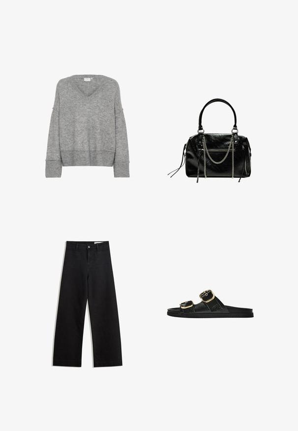 Grau gestrickter Pullover mit V-Ausschnitt, übergroßer Passform, breiten Ärmeln und gerippten Abschlüssen. Weiche Textur; nahtloses Design ohne Muster oder Verzierungen.; Schwarze weit geschnittene Jeans mit hoher Taille, ausgestattet mit Vorder- und Hintertaschen, gesteppten Nähten und einem Knopfverschluss. Glatte Textur.; Schwarze Riemensandale mit zwei goldenen Schnallendetails, glattem Material, flachem Sohlen und minimalistischer Gestaltung.; Bershka WITH CHAIN - Handtasche - black
