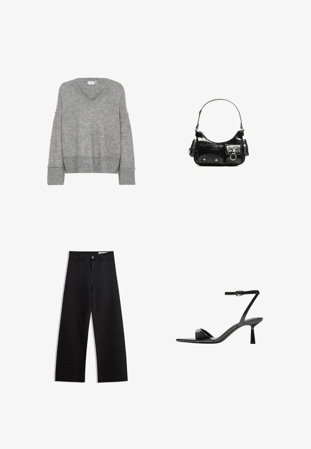 Grau gestrickter Pullover mit V-Ausschnitt, übergroßer Passform, breiten Ärmeln und gerippten Abschlüssen. Weiche Textur; nahtloses Design ohne Muster oder Verzierungen.; Schwarze weit geschnittene Jeans mit hoher Taille, ausgestattet mit Vorder- und Hintertaschen, gesteppten Nähten und einem Knopfverschluss. Glatte Textur.; Bershka High Heel Sandalette - black; Schwarze Lackleder-Handtasche mit geschwungenem Design, einem Schulterriemen, Vordertaschen und silberfarbenen Hardware-Akzenten.