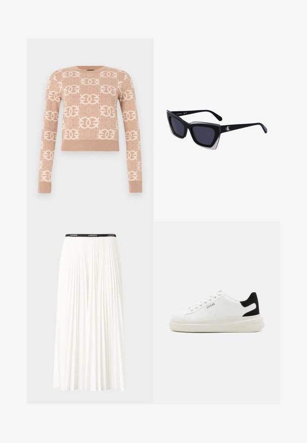 Suéter de punto en color beige claro con un patrón sutil repetido de formas entrelazadas. Presenta mangas largas y un dobladillo acanalado.; Falda blanca plisada con una cinturilla elástica negra que presenta el logotipo "LACOSTE". Diseño de longitud media con textura suave.; Zapatillas blancas de cuero con una suela blanca gruesa, acento en el talón de ante negro y logo grabado en el lateral. Diseño de cordones con seis ojales.; Gafas de sol negras de gran tamaño con una forma geométrica, que presentan lentes oscuros y un detalle gris contrastante en la montura. Logo en la pata.