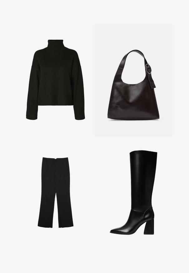 Črn pulover s turtleneck ovratnikom, izdelan iz pletenega blaga. Ima dolge rokave, spuščena ramena ter rebrasto dno in manšete za teksturo.; Črne hlače ravnega kroja z naglavnimi žepi in stranskimi razporki na robu. Narejene iz mehke, gladke tkanine. Primerne za različne priložnosti.; Stradivarius Škornji z visoko peto - black; Rjava usnjena torba za ramo z gladko teksturo, okroglo obliko, širokim trakom in krožno kovinsko akcenco na ročaju.