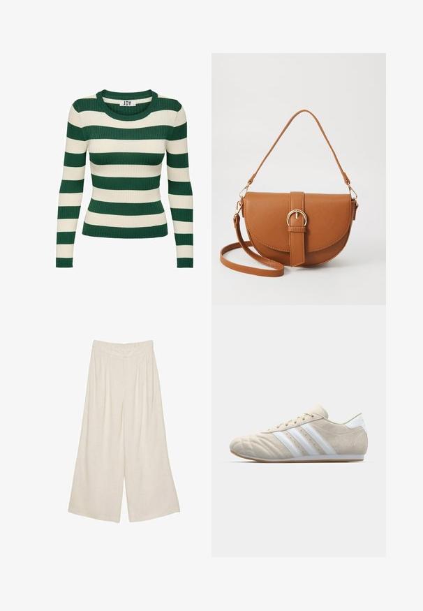 Grön och krämrandig, ribbad långärmad tröja med rund halsringning och åtsittande form, som har en kontrasterande stickad textur.; Linnenbyxor med vida ben i en ljusbeige färg, med en plisserad design och ett elastiskt midjeband för komfort och enkel användning.; Ljust beige mockasinsandal i mocka med rund tå, vit design med tre ränder och sula i gummirubber. Har stickningar och en låg profil.; Brun läder crossbody-väska med en böjd form, gyllene detaljer och en spänneaccent. Har en avtagbar axelrem.
