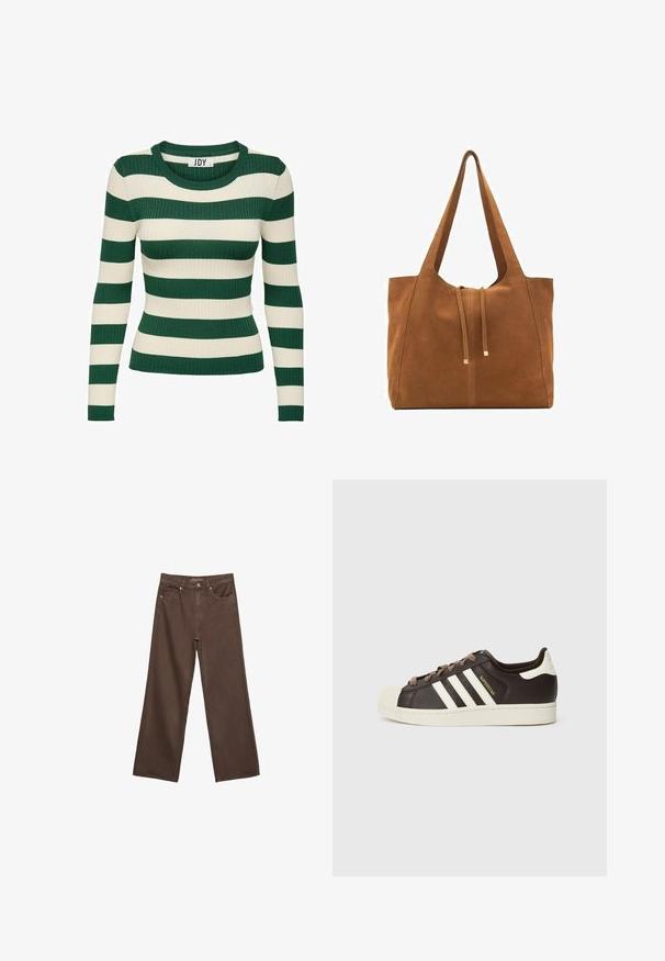 Grün- und cremefarbene gestreifte, gerippte Langarmpullover mit rundem Ausschnitt und taillierter Form, der einen kontrastierenden Stricktextur aufweist.; Weite braune Jeans aus Denim, mit hoher Taille, Fronttaschen und klassischem Knopfverschluss. Glatte Textur mit feinen Nähten.; Low-Top Adidas Superstar Sneaker aus dunkelbraunem Leder mit cremefarbener Schale an der Spitze, weißen Streifen und dem Schriftzug "Superstar" an der Seite.; Braune Wildleder-Tasche mit zwei langen Trägern, Zugverschluss und minimalistischem Design. Glatte Textur und keine sichtbaren Hardware-Details.