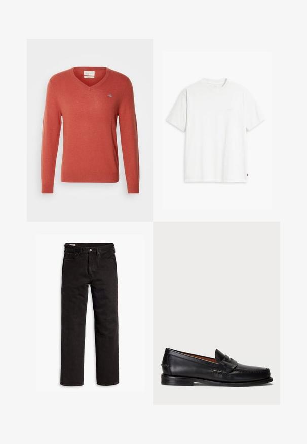 Pulover z V-izrezom v koralni barvi, narejen iz mehkega pletenega materiala. Ima dolge rokave, rebraste manšete in majhen logotip na prsih.; Bela bombažna majica s kratkimi rokavi, okroglim ovratnikom in subtilnim logotipom Levi's, natisnjenim na sredini. Mehak material in standardna oblika.; Črne kavbojke ravnega kroja z žepi, gumbnim zapiranjem in zankami za pas, ležijo položene na belem ozadju.; Črne usnjene loafers čevlje z zaobljenim prstom, šivanimi detajli in okrasnim trakcem spredaj. Ravna podplat z minimalnim profilom.