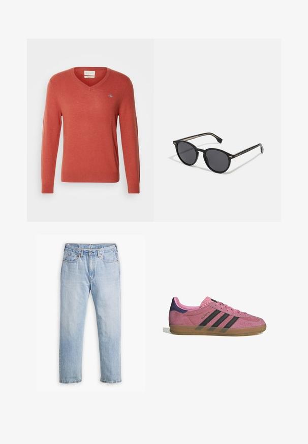 Pulover cu decolteu în V, de culoare corai, realizat dintr-un material tricotat moale. Are mâneci lungi, manșete cu dantelă și un mic logo pe piept.; Jeans din denim de un albastru deschis, cu un design drept al picioarelor, stil cu cinci buzunare și cusături contrastante. Închidere cu nasture și fermoar la talie.; Tenisi roz din suede cu dungi negre, talpă din cauciuc și toc texturat violet. Prezintă un design cu șireturi și un logo embosat pe lateral.; BOSS Ochelari de soare - black