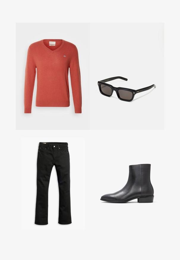 V-puuvillane kampsun korallivärvi, valmistatud pehmest kudumiskangast. Omab pikki varrukaid, soonikjäsemeid ja väikest logot rinna peal.; Mustat farkut suoralla lahkeella, viisi taskua, metallipainikekiinnitys ja huomaamattomat ompelu yksityiskohdat. Liukas pinta ja tasainen väri.; ALDO PILLOWWALK+FLEX INSIDE ZIP AMUR - Klassiset nilkkurit - open black; Mustat suorakulmaiset aurinkolasit tummilla linsseillä, paksu muovikehys, kultaiset korostukset temppeleissä ja brändin logo kaiverrettuna varteen.