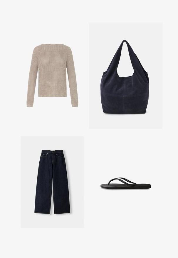 Svijetlosmeđi pleteni pulover s okruglim izrezom, dugim rukavima i rebrastim manžetama. Ima širok kroj i teksturirani uzorak kroz cijeli predmet.; Tamno plavi traper široki traperice viskog struka, s pet džepova, kontrastnim šavovima i srebrnim metalnim detaljima. Glatka tekstura i čista obrada.; Crne japanke s teksturiranom gumenenom potplatom, dva uska remena i suptilnim, urezanim logom na remenu.; Mornarsko plava suđena torba s opuštenim dizajnom, širokim naramenicama i vidljivim šavovima na tijelu.