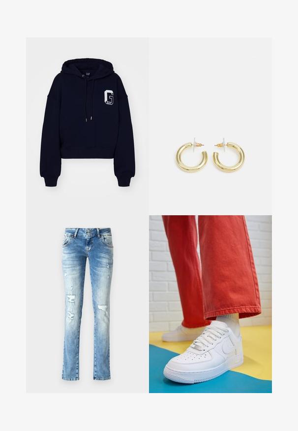 GAP ABBREV HOOD - Felpa - navy; Jeans in denim blu chiaro con una vestibilità rilassata, caratterizzati da dettagli strappati, una chiusura con bottoni a due pulsanti e gamba dritta.; Sneaker bianco in pelle con punta perforata, suola testurizzata e lacci bianchi, abbinati a pantaloni rossi larghi e uno sfondo blu e giallo.; Orecchini a cerchio in oro con una finitura liscia e lucida. Design circolare con un piccolo perno e una chiusura trasparente per un indosso sicuro.