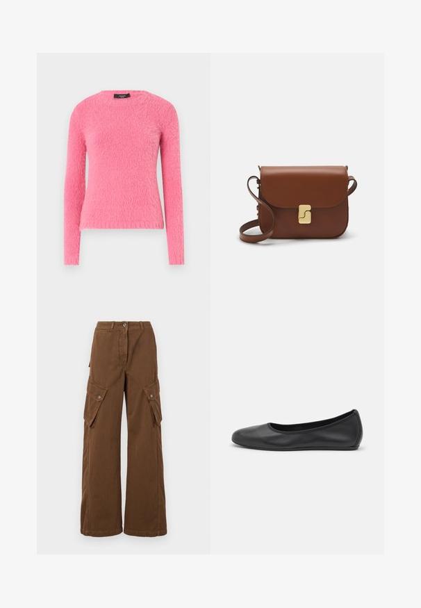 Rosa Langarmpullover aus einem flauschigen Material mit rundem Halsausschnitt und schmaler Passform, in einfarbig ohne Muster.; WEEKEND MaxMara LUCY HALE ELVY - Cargohose - marrone; Schwarze Leder-Ballettschuhe mit abgerundeter Spitze, glatter Textur, minimalen Nähdetails und einem flexiblen Sohlen-Design.; Braune Ledertasche mit Klappenverschluss, Beschlägen in Goldfarbe, einem Schultergurt und einer glatten Oberfläche. Kompakte rechteckige Form.