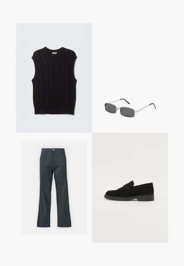 Schwarzer, gestrickter ärmelloser Pullover mit Zopfmuster, rundem Ausschnitt und geripptem Saum. Hergestellt aus strukturiertem Stoff für Wärme.; Schwarze Hose mit geradem Bein, aus einem Baumwollmix. Verfügt über einen Metallknopfverschluss und seitliche Taschen. Keine sichtbaren Muster.; Schwarze Wildleder-Slipper mit niedrigem Absatz, ausgestattet mit einem einfachen Band über dem Obermaterial und texturierten Details an den Seiten.; Rechteckige Sonnenbrille mit dunkelgrauen Gläsern, dünnem silbernen Metallrahmen und schwarz gummierten Bügelspitzen. Minimalistisches Design.; Schwarze Lederhandschuhe mit glatter Textur, fünf Fingern und dezenten Nähdetails. Klassisches Design, geeignet für den Einsatz bei kaltem Wetter.