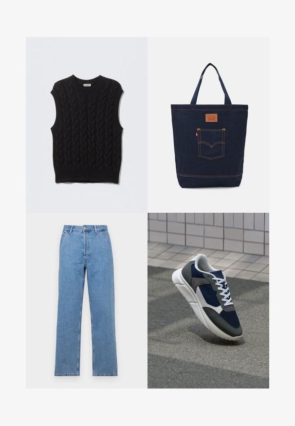 Black knitted sleeveless sweater with a cable-knit pattern, round neckline, and ribbed hem. Made of textured fabric for warmth.; Light blue denim straight-leg jeans with a classic five-pocket design, featuring a front button closure and belt loops. Smooth texture.; Sneaker featuring a navy blue mesh upper, gray suede accents, white rubber sole, and flat white laces, designed for comfort and breathability.; Denim tote bag in dark blue with two handles, visible stitching, and a front pocket featuring a classic logo patch.