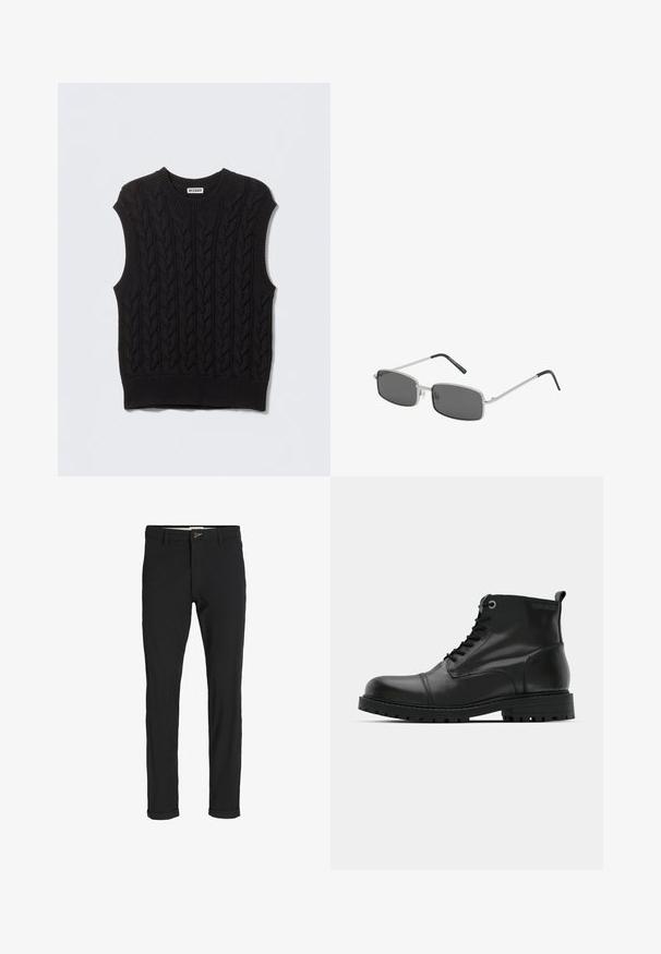 Black knitted sleeveless sweater with a cable-knit pattern, round neckline, and ribbed hem. Made of textured fabric for warmth.; Black cotton blend pants with a slim fit, featuring a button closure, pockets, and rolled cuffs for a casual finish.; Black leather ankle boots with round toe, lace-up design, contrasting gray eyelets, and rugged rubber outsole. Smooth texture with minimal accents.; Rectangle-shaped sunglasses with dark gray lenses, thin silver metal frame, and black rubber-coated temple tips. Minimalist design.